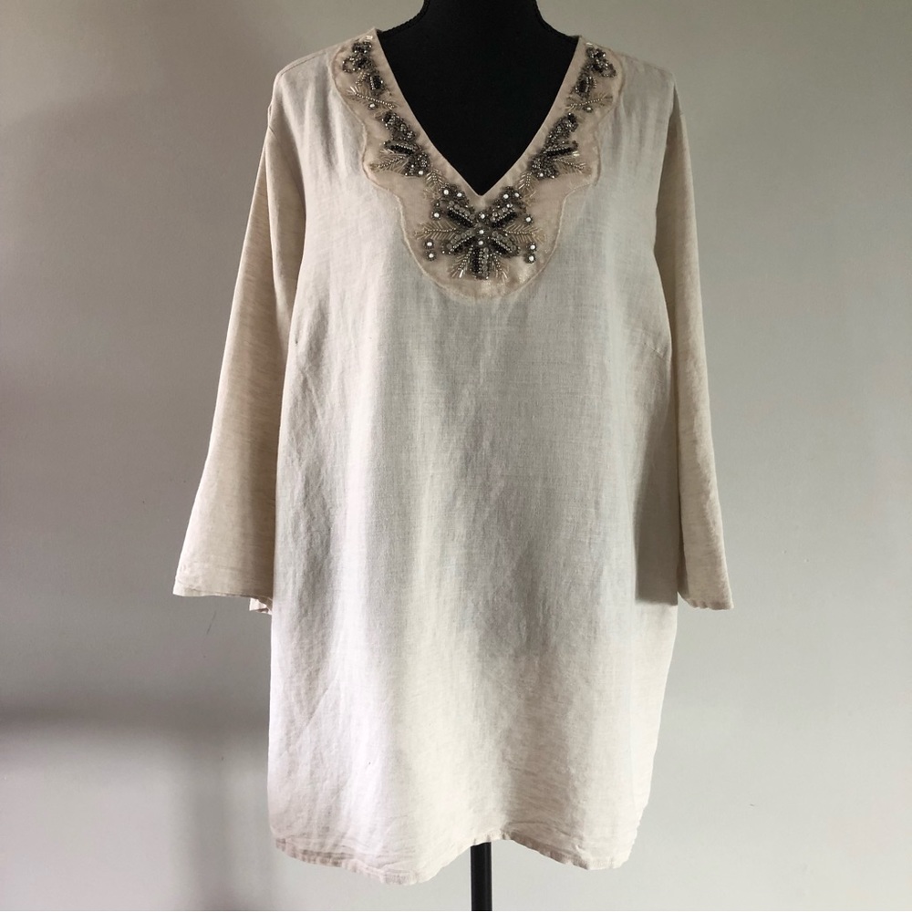 Women’s Canda C&A Beige Beaded Linen Cotton V neck Tunic Blouse size 18